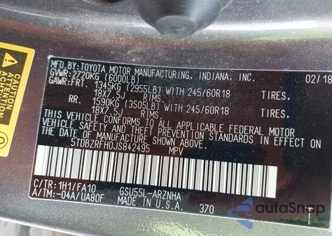 2018 Toyota Highlander Le Plus из США, поврежденный, VIN 5TDBZRFH0JS842495